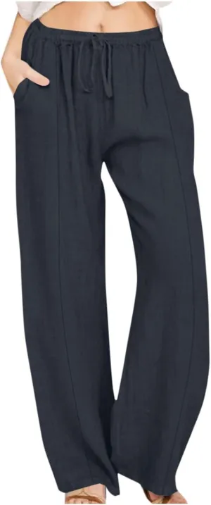Linen Pants for Women Summer Palazzo Pants Casual Cotton Linen Wide Leg Trousers Flowy Beach Pants with Pockets