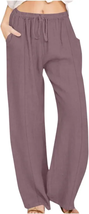 Linen Pants for Women Summer Palazzo Pants Casual Cotton Linen Wide Leg Trousers Flowy Beach Pants with Pockets