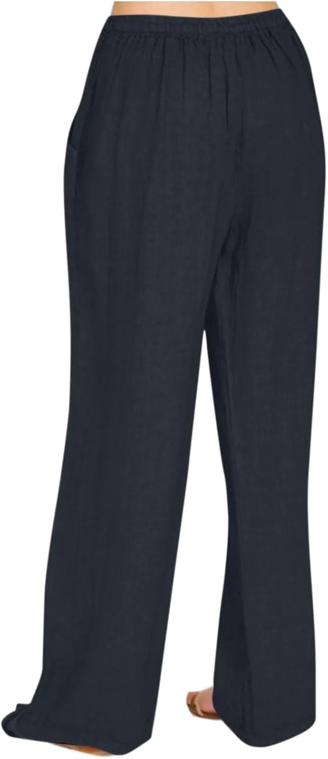 Linen Pants for Women Summer Palazzo Pants Casual Cotton Linen Wide Leg Trousers Flowy Beach Pants with Pockets
