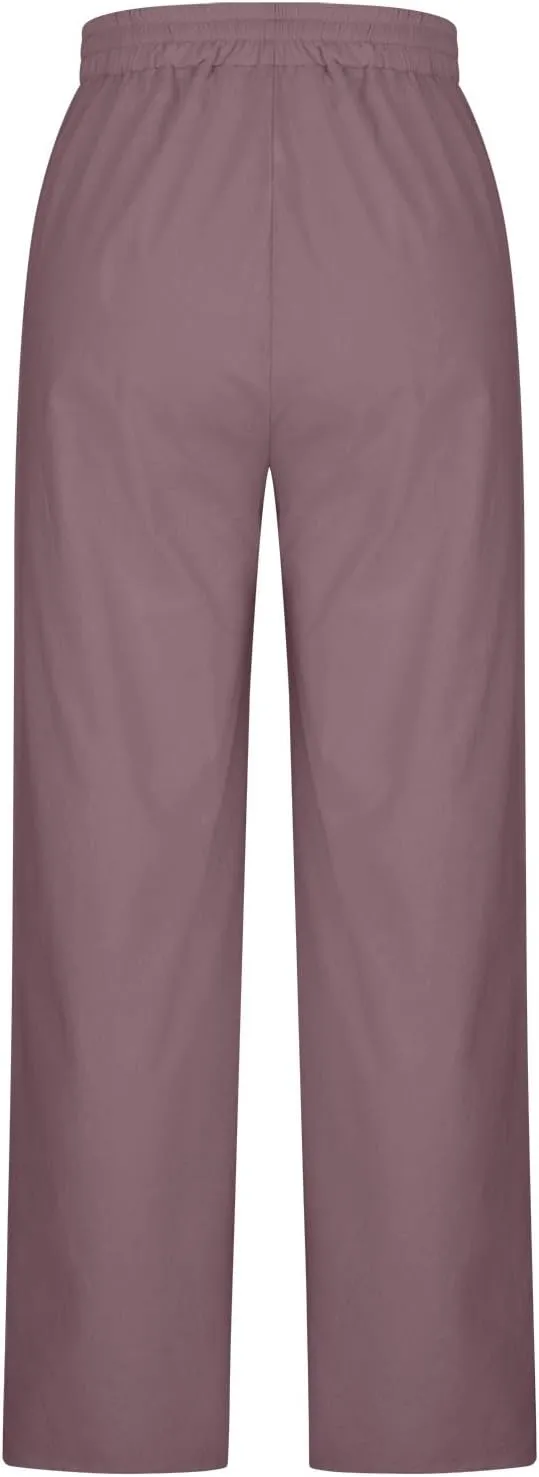 Linen Pants for Women Summer Palazzo Pants Casual Cotton Linen Wide Leg Trousers Flowy Beach Pants with Pockets