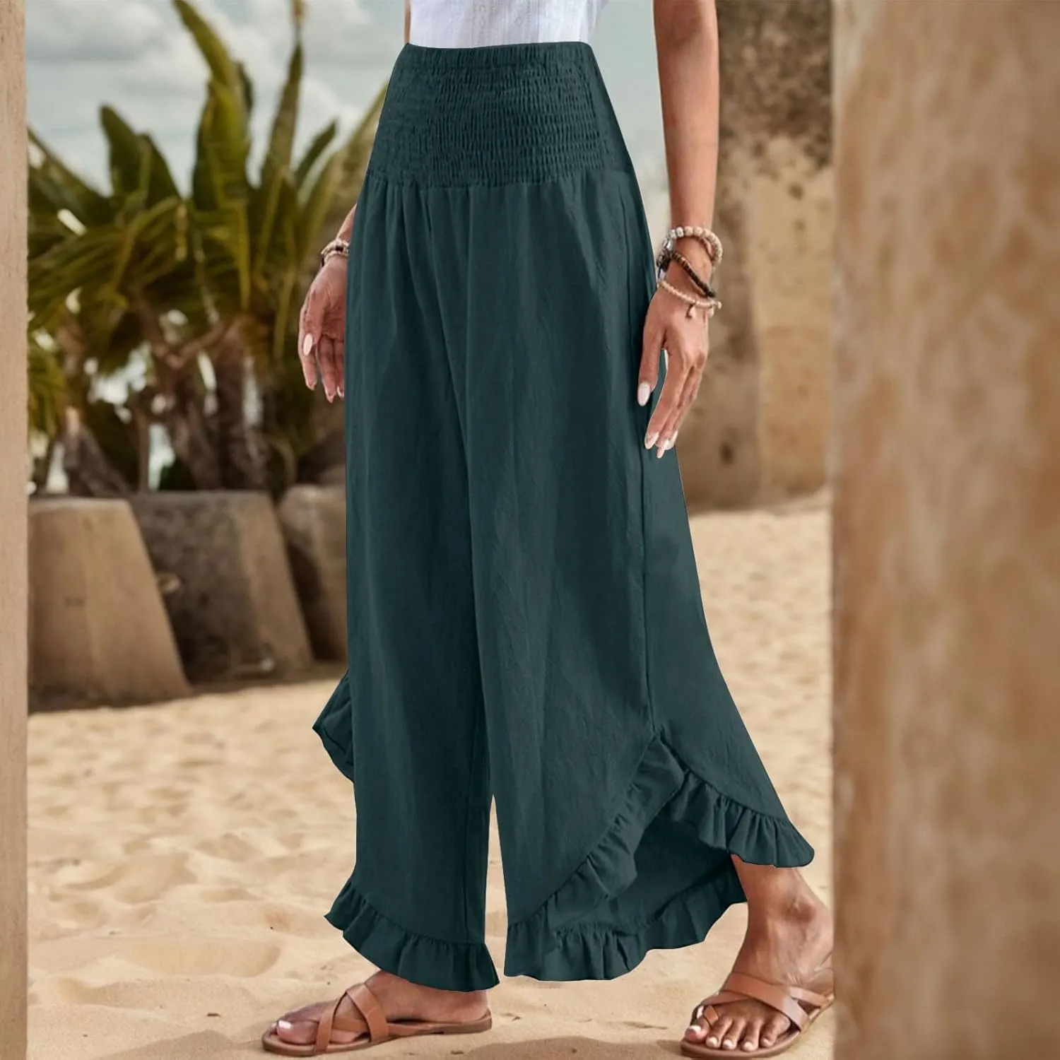 Linen Pants for Women Summer Wide Leg Ruffle Smocked Waist Palazzo Pant Boho Flowy Beach Casual Trouser with Pockets