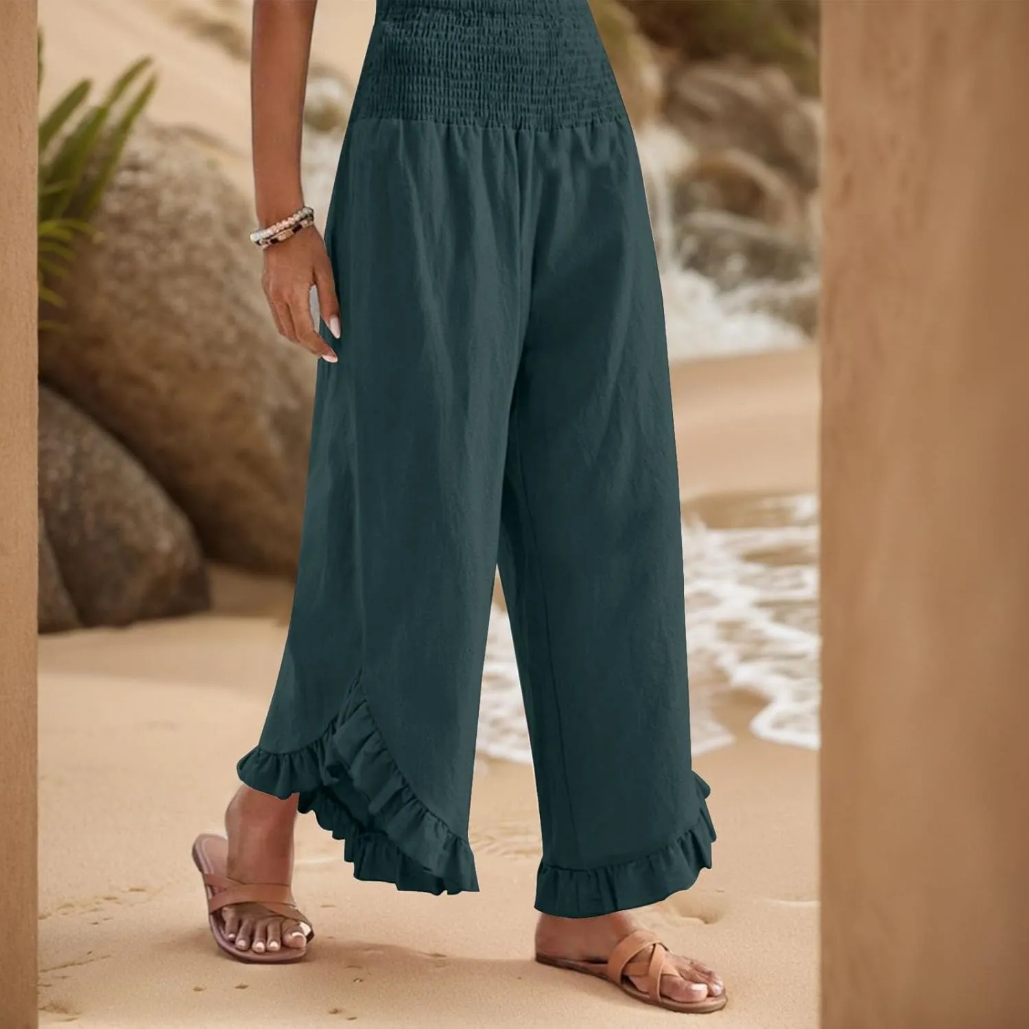 Linen Pants for Women Summer Wide Leg Ruffle Smocked Waist Palazzo Pant Boho Flowy Beach Casual Trouser with Pockets