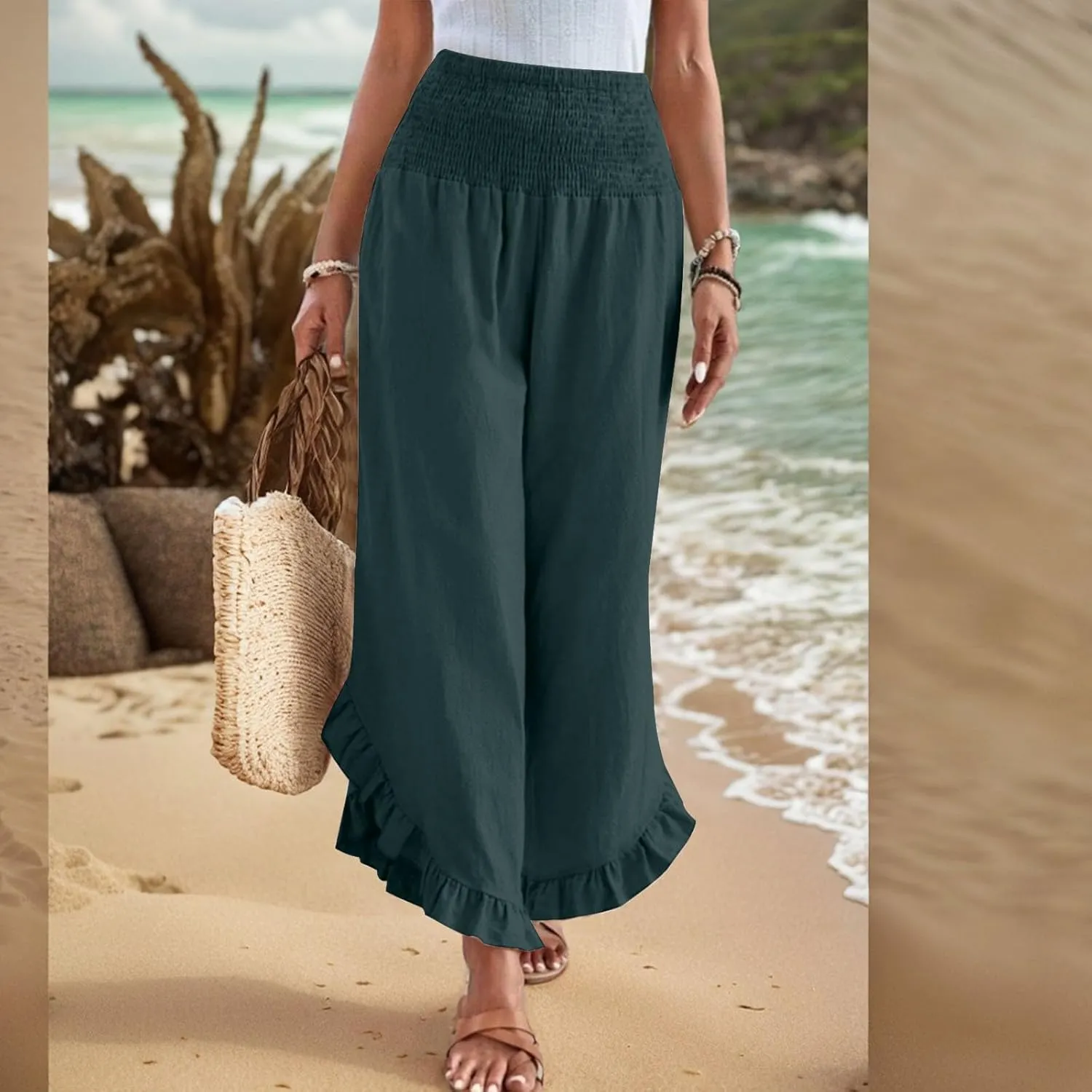 Linen Pants for Women Summer Wide Leg Ruffle Smocked Waist Palazzo Pant Boho Flowy Beach Casual Trouser with Pockets