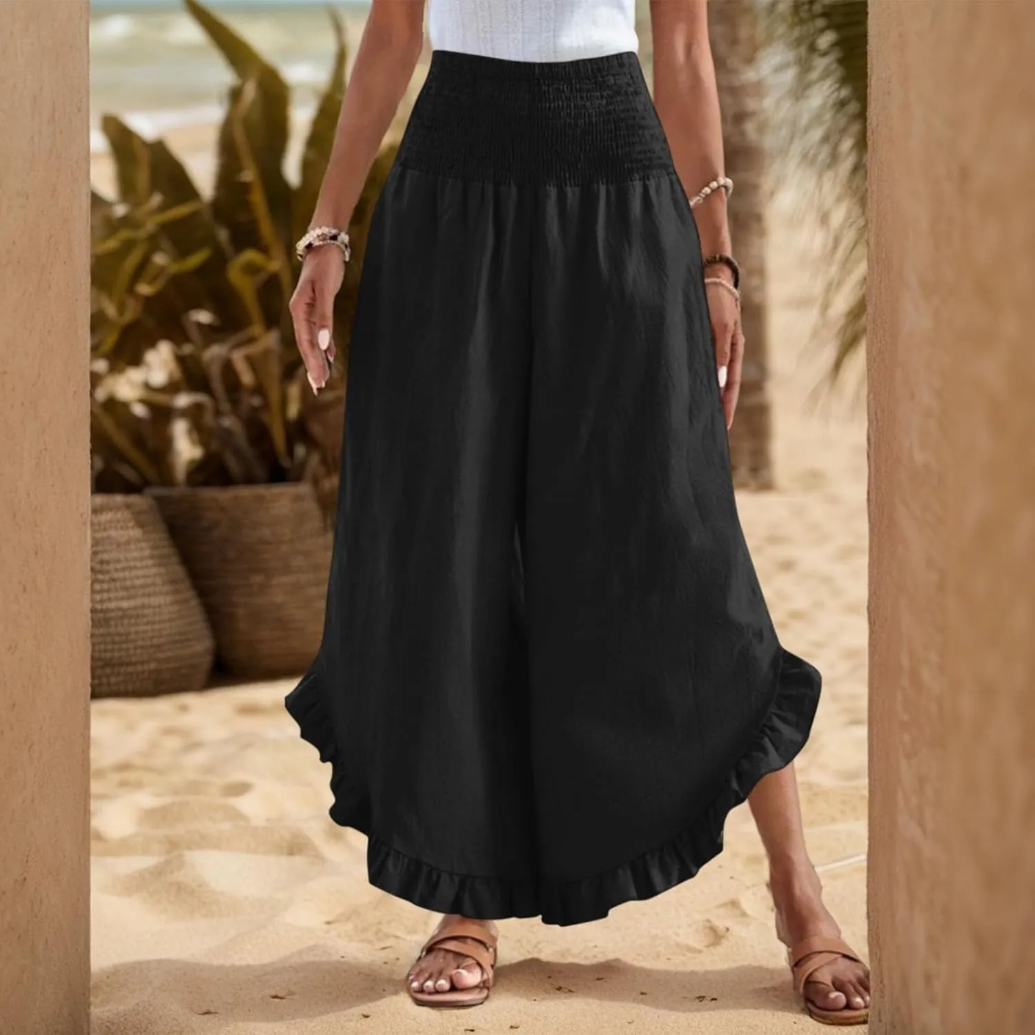 Linen Pants for Women Summer Wide Leg Ruffle Smocked Waist Palazzo Pant Boho Flowy Beach Casual Trouser with Pockets