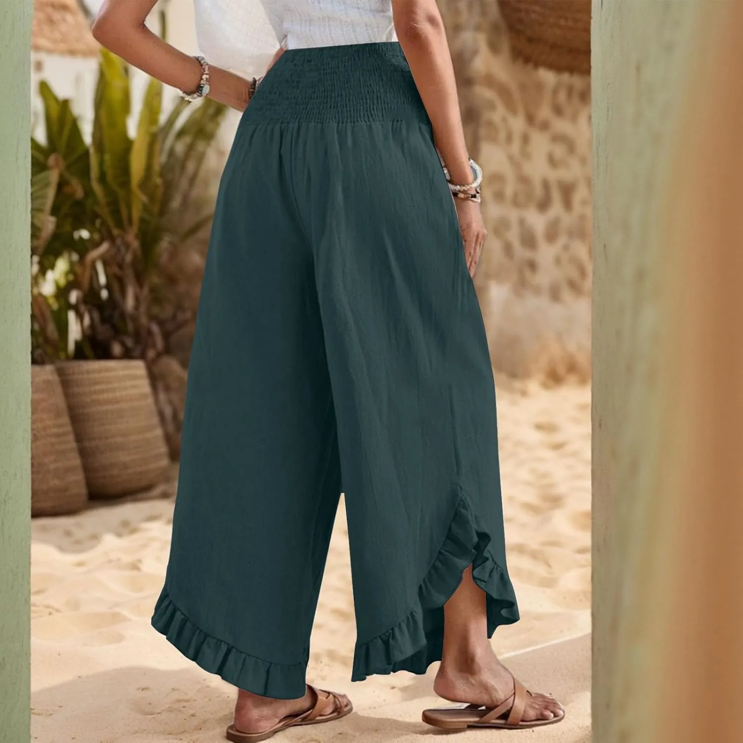 Linen Pants for Women Summer Wide Leg Ruffle Smocked Waist Palazzo Pant Boho Flowy Beach Casual Trouser with Pockets