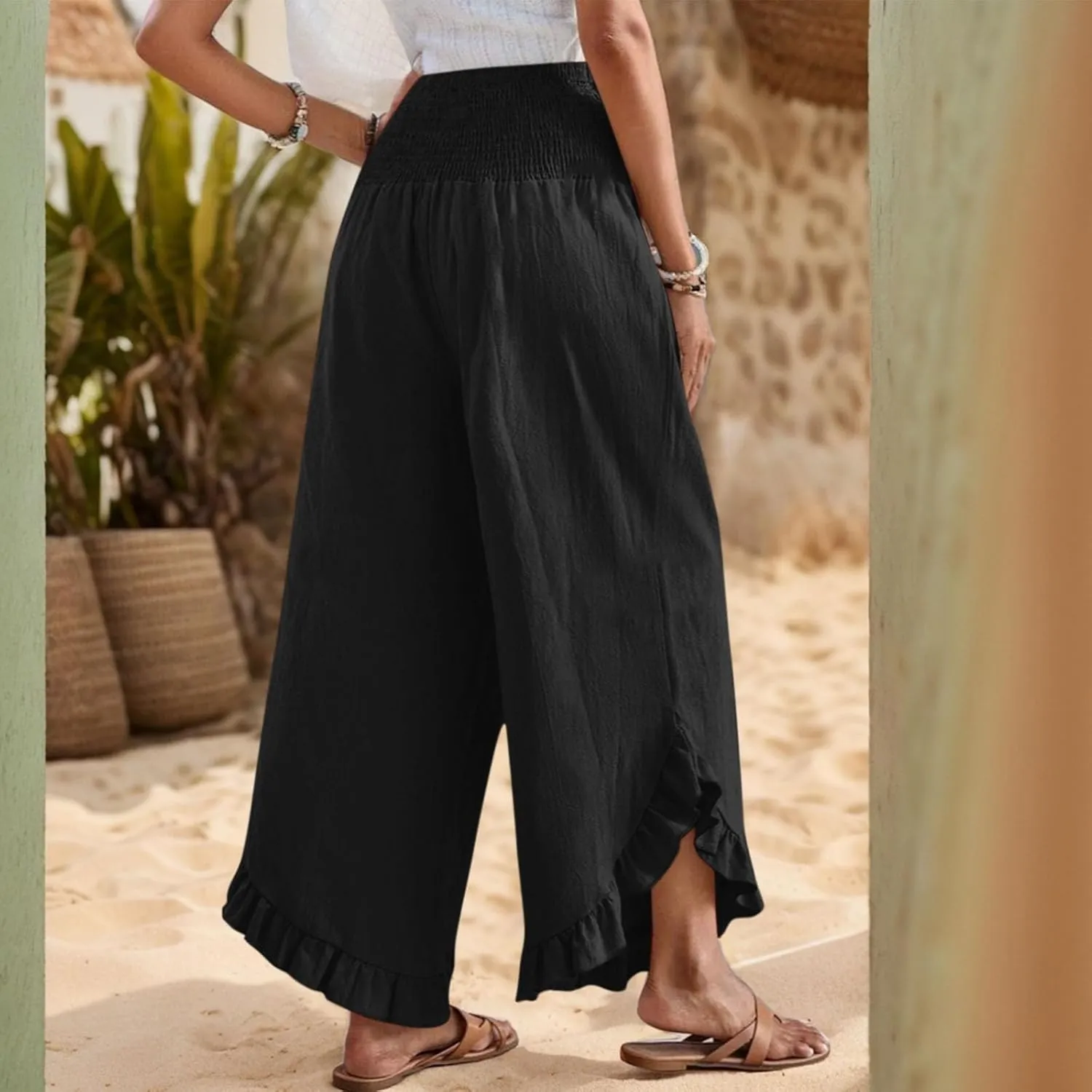Linen Pants for Women Summer Wide Leg Ruffle Smocked Waist Palazzo Pant Boho Flowy Beach Casual Trouser with Pockets