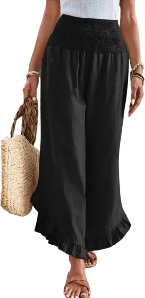 Linen Pants for Women Summer Wide Leg Ruffle Smocked Waist Palazzo Pant Boho Flowy Beach Casual Trouser with Pockets