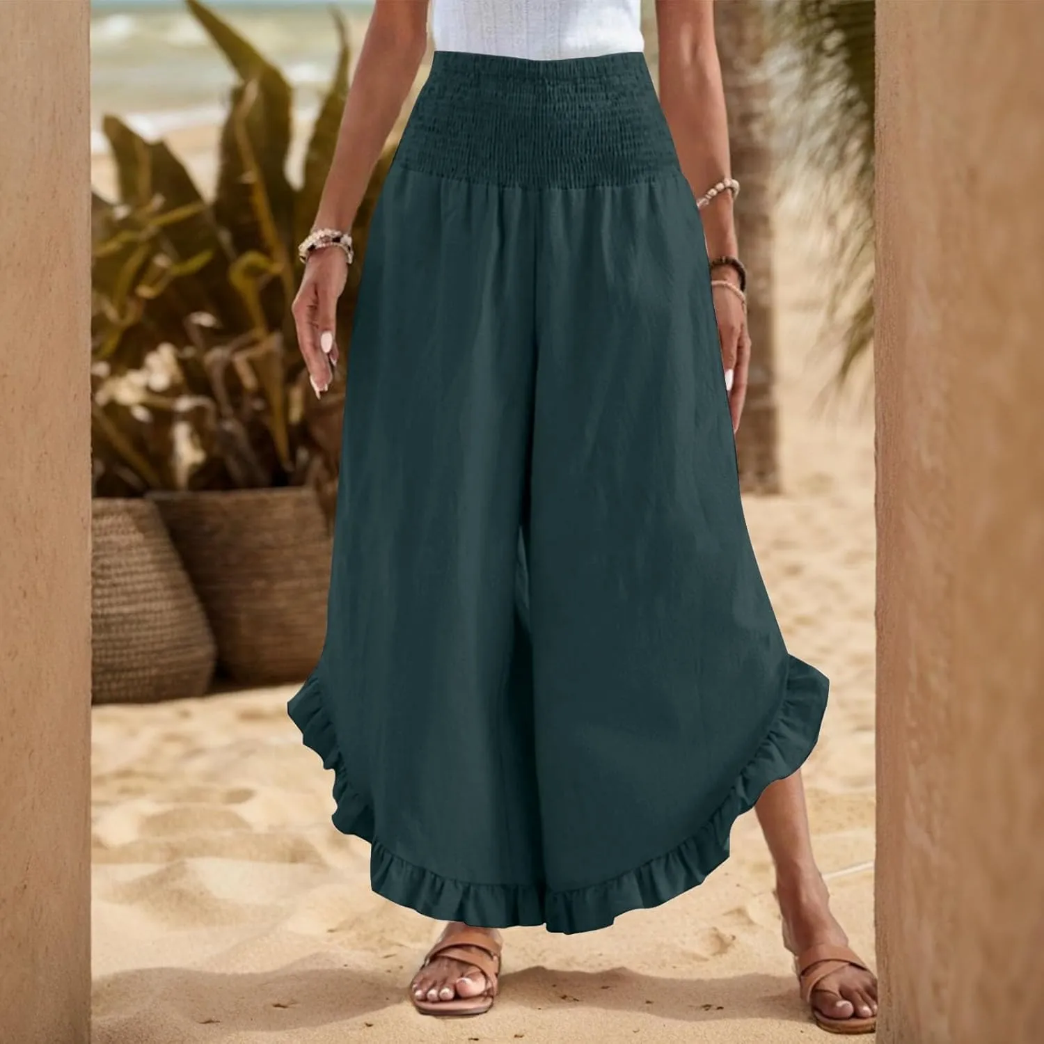 Linen Pants for Women Summer Wide Leg Ruffle Smocked Waist Palazzo Pant Boho Flowy Beach Casual Trouser with Pockets