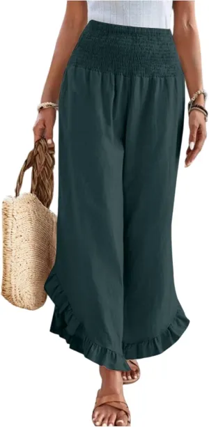 Linen Pants for Women Summer Wide Leg Ruffle Smocked Waist Palazzo Pant Boho Flowy Beach Casual Trouser with Pockets