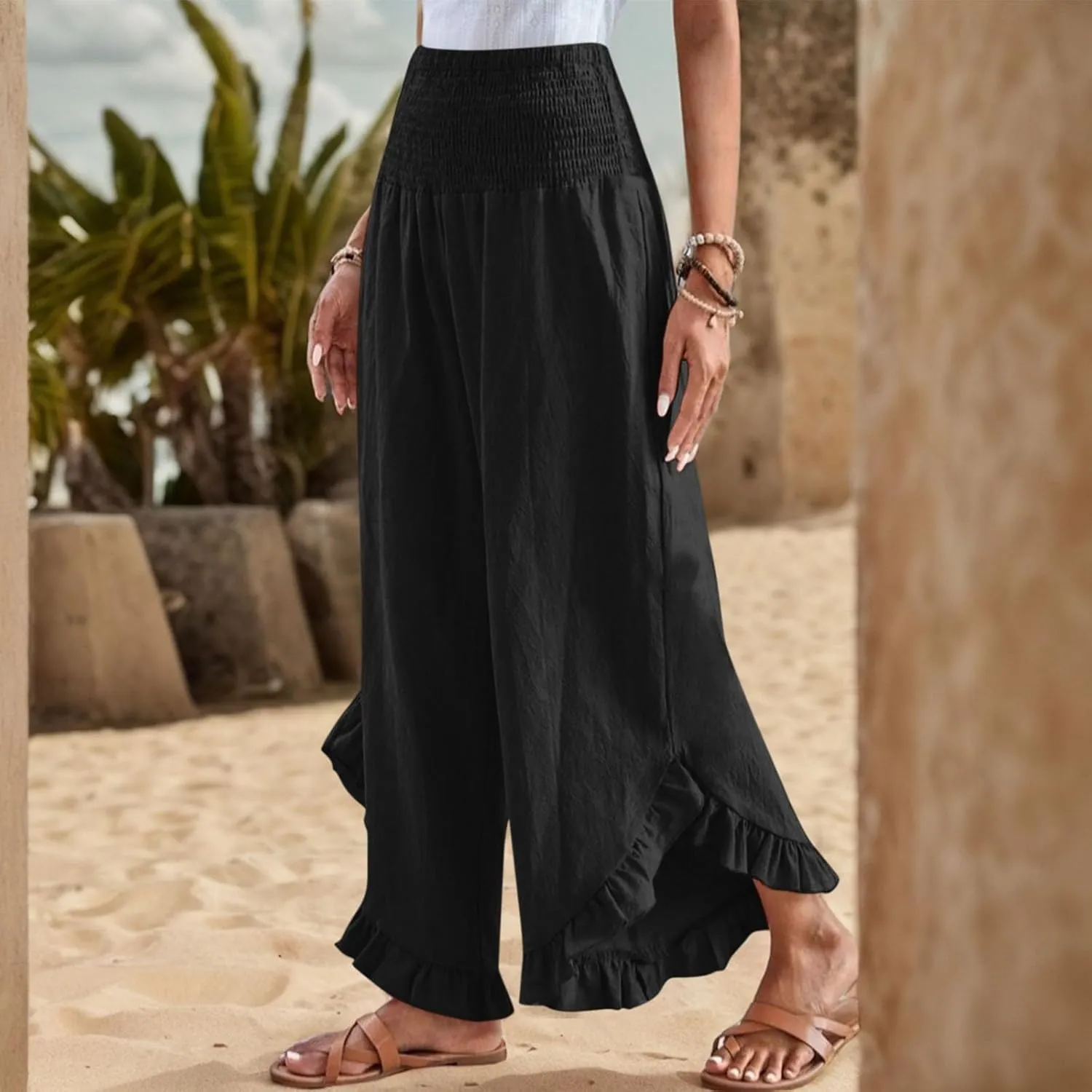 Linen Pants for Women Summer Wide Leg Ruffle Smocked Waist Palazzo Pant Boho Flowy Beach Casual Trouser with Pockets