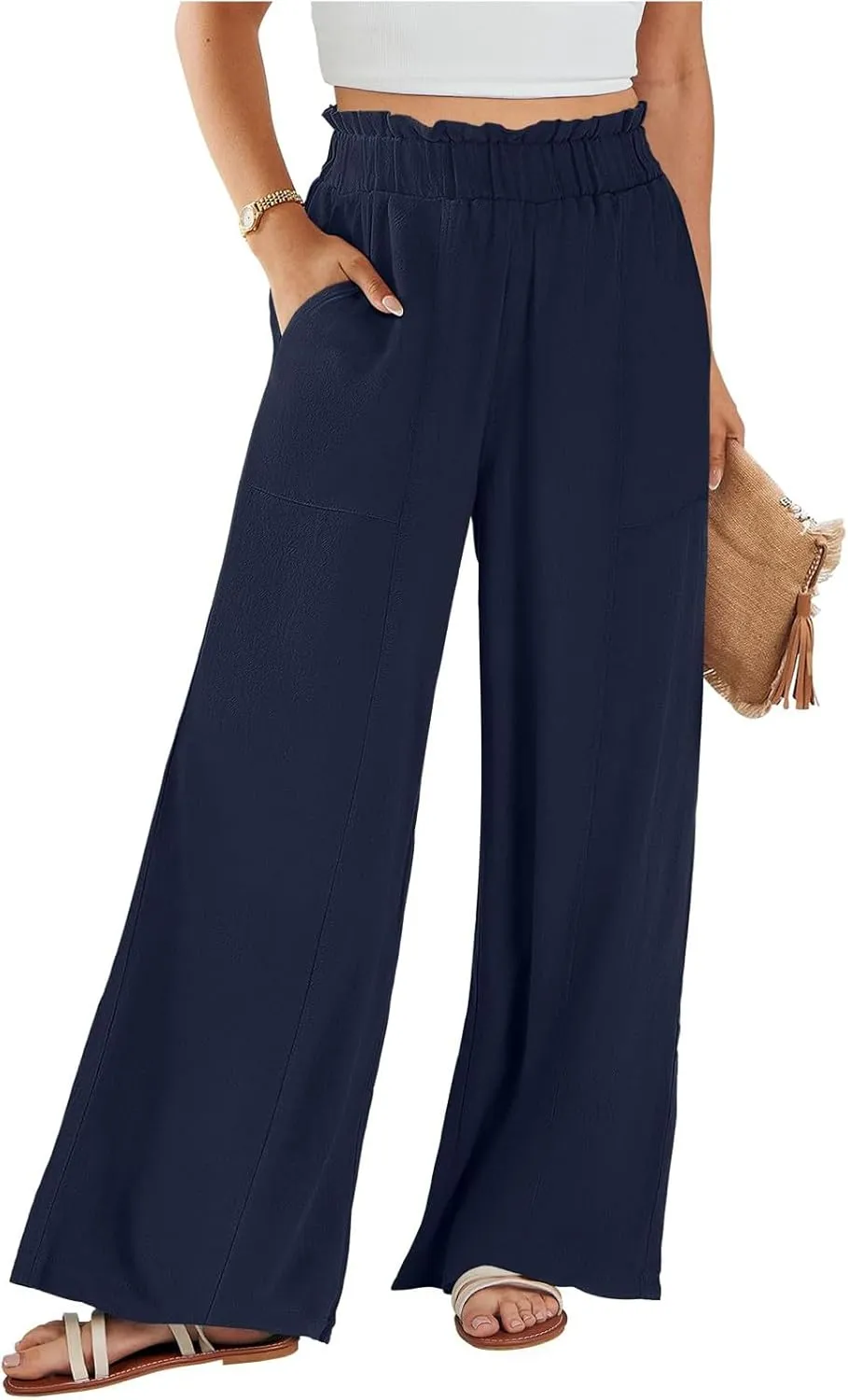 Linen Pants for Women Trendy Casual Wide Leg Beach Palazzo Pants Trousers with Pockets Ruffle High Waist Slacks