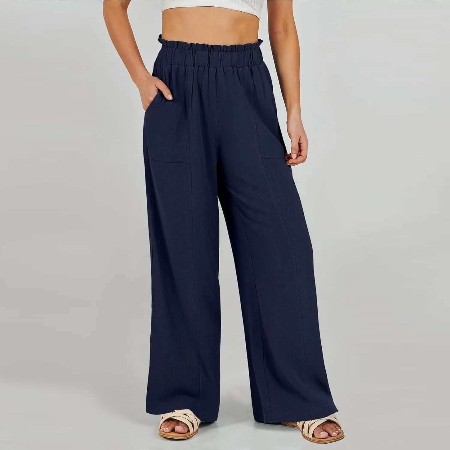 Linen Pants for Women Trendy Casual Wide Leg Beach Palazzo Pants Trousers with Pockets Ruffle High Waist Slacks