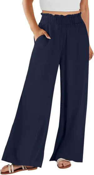 Linen Pants for Women Trendy Casual Wide Leg Beach Palazzo Pants Trousers with Pockets Ruffle High Waist Slacks