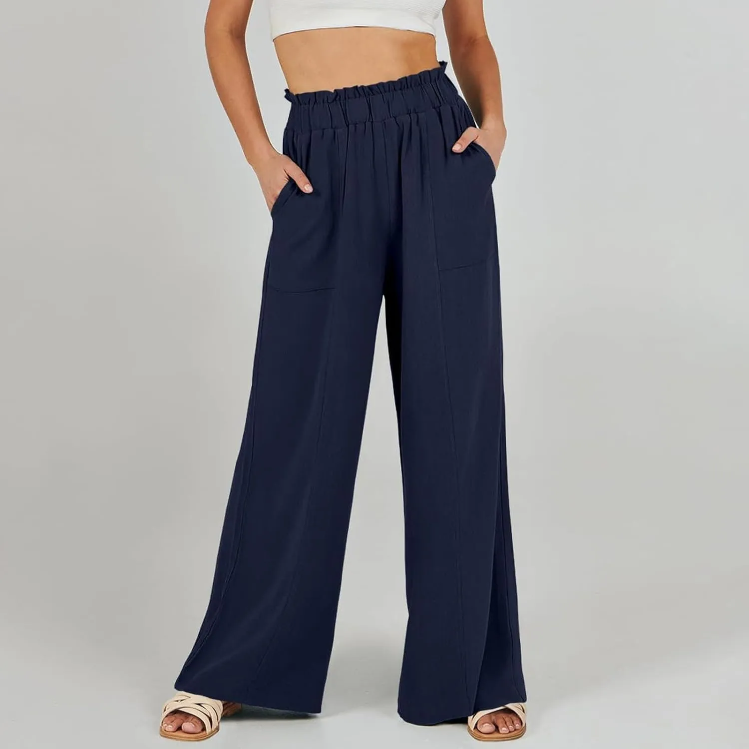 Linen Pants for Women Trendy Casual Wide Leg Beach Palazzo Pants Trousers with Pockets Ruffle High Waist Slacks