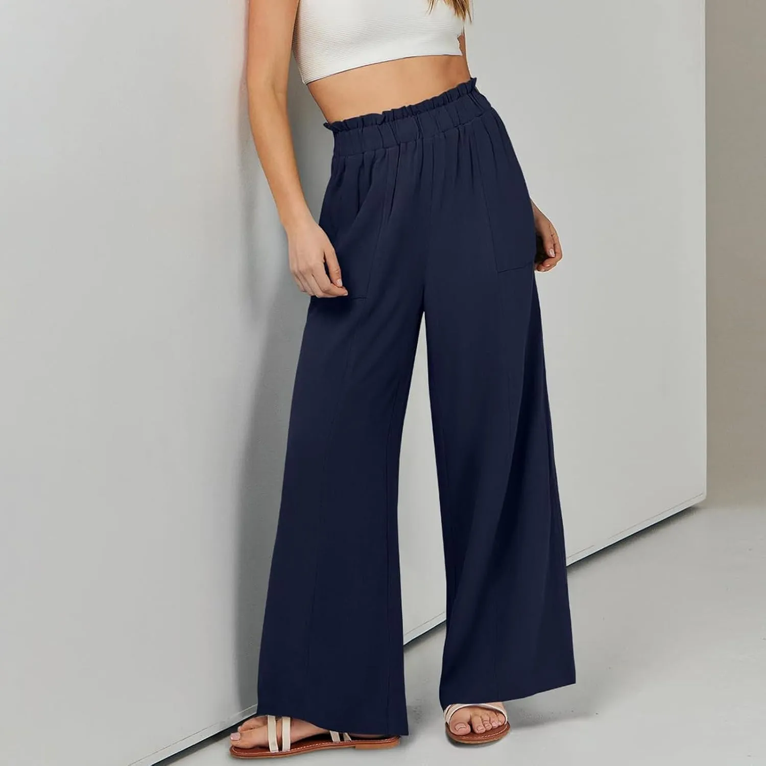 Linen Pants for Women Trendy Casual Wide Leg Beach Palazzo Pants Trousers with Pockets Ruffle High Waist Slacks