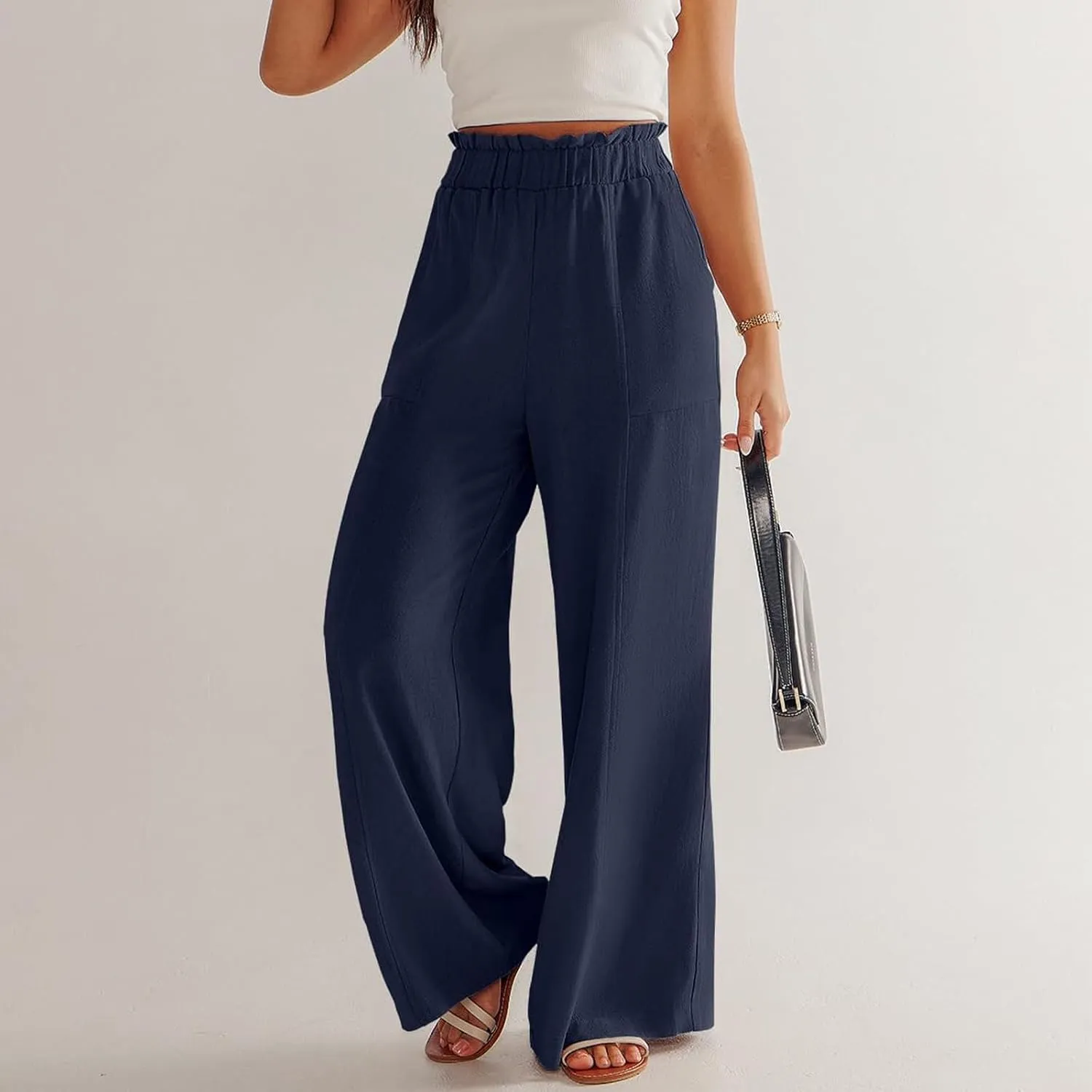 Linen Pants for Women Trendy Casual Wide Leg Beach Palazzo Pants Trousers with Pockets Ruffle High Waist Slacks