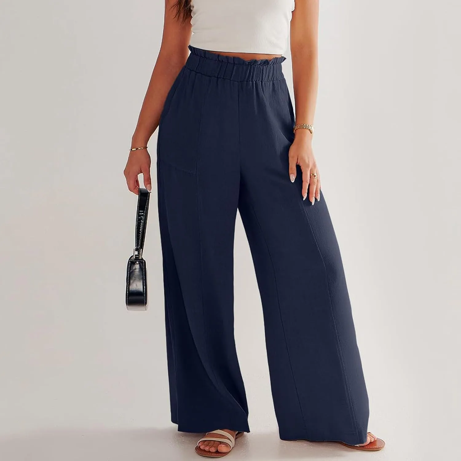 Linen Pants for Women Trendy Casual Wide Leg Beach Palazzo Pants Trousers with Pockets Ruffle High Waist Slacks