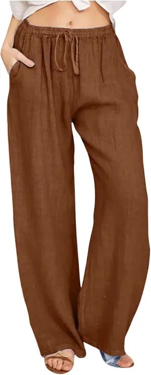 Linen Pants for Women's Summer Drawstring Wide Leg Loose Comfort Casual Cotton Linen Palazzo Pant Beach Yoga Trousers