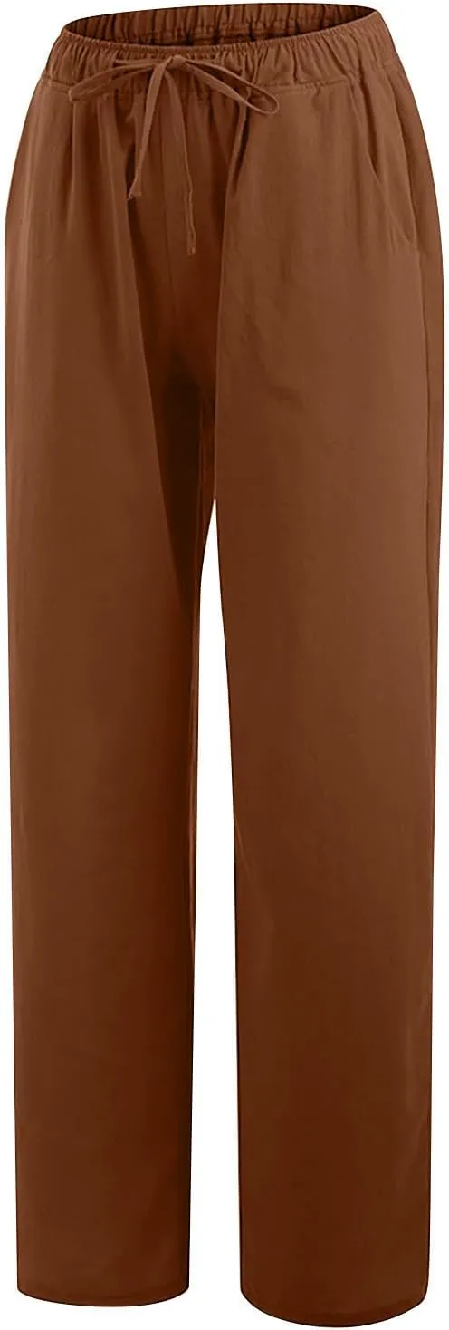 Linen Pants for Women's Summer Drawstring Wide Leg Loose Comfort Casual Cotton Linen Palazzo Pant Beach Yoga Trousers