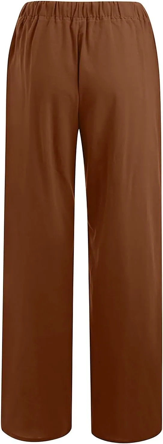 Linen Pants for Women's Summer Drawstring Wide Leg Loose Comfort Casual Cotton Linen Palazzo Pant Beach Yoga Trousers