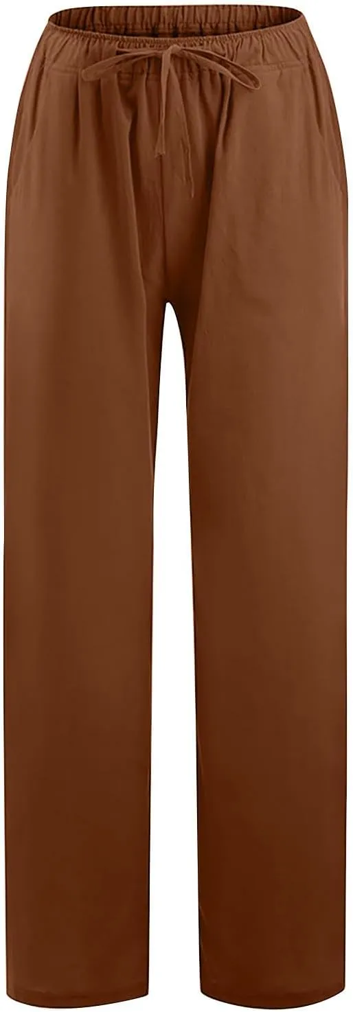 Linen Pants for Women's Summer Drawstring Wide Leg Loose Comfort Casual Cotton Linen Palazzo Pant Beach Yoga Trousers