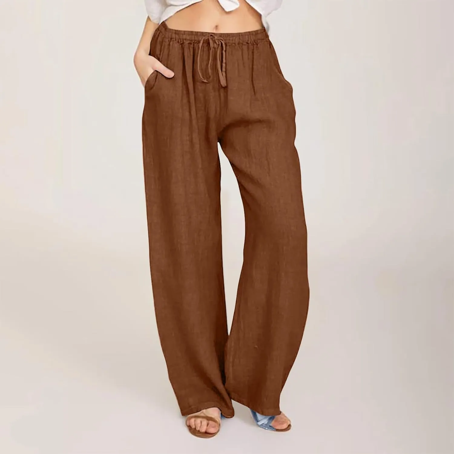 Linen Pants for Women's Summer Drawstring Wide Leg Loose Comfort Casual Cotton Linen Palazzo Pant Beach Yoga Trousers