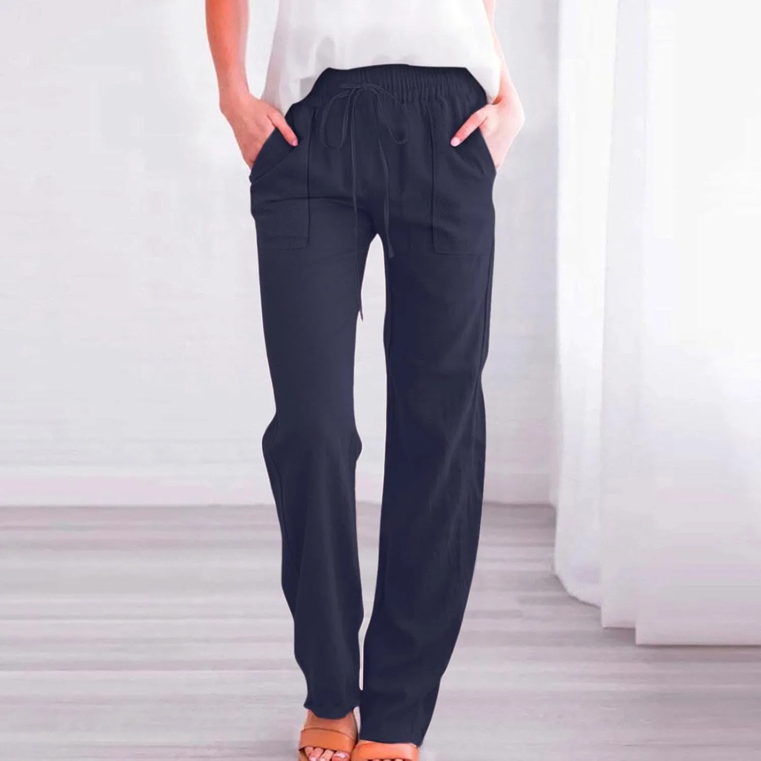Linen Pants Women 2025 Summer Drawstring Pants Casual Loose Wide Leg Lounge Pants Trousers for Beach Travel Vacation