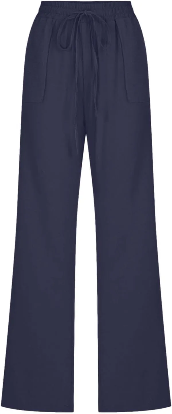 Linen Pants Women 2025 Summer Drawstring Pants Casual Loose Wide Leg Lounge Pants Trousers for Beach Travel Vacation