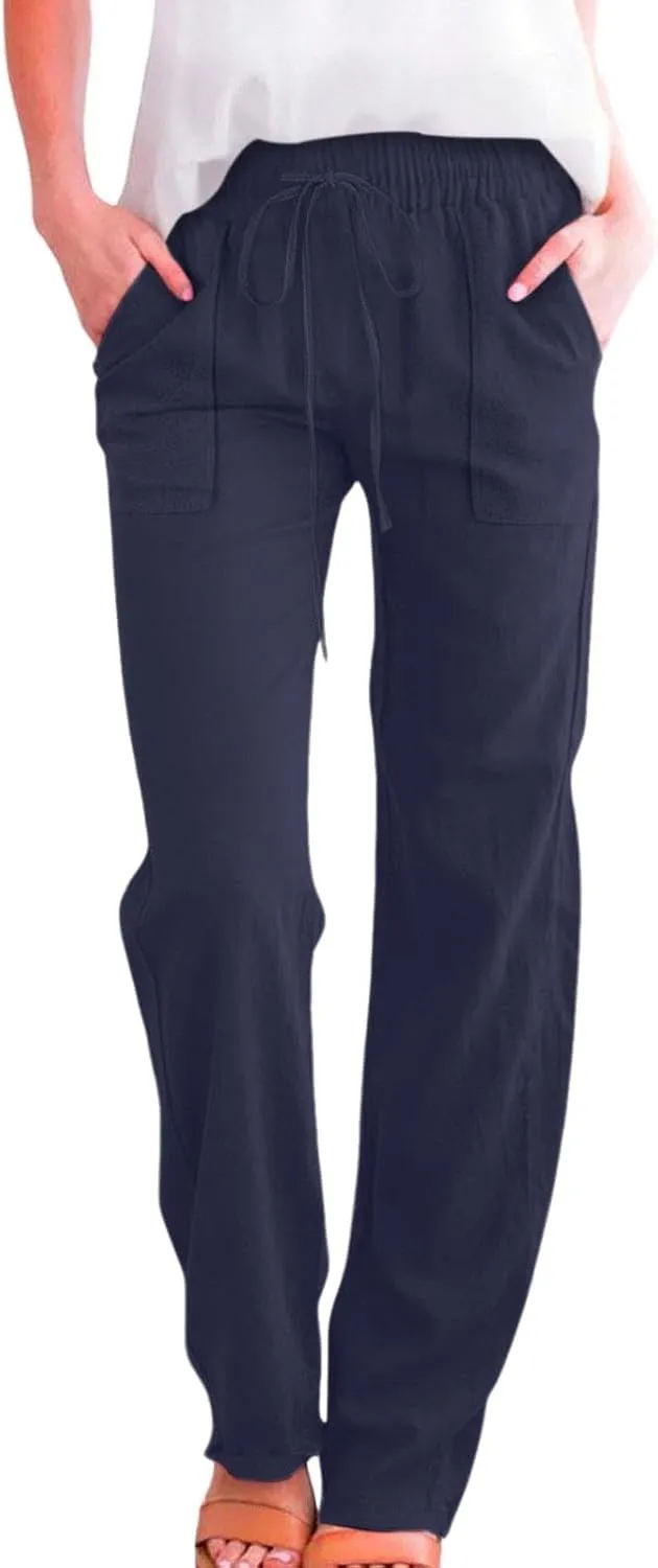 Linen Pants Women 2025 Summer Drawstring Pants Casual Loose Wide Leg Lounge Pants Trousers for Beach Travel Vacation