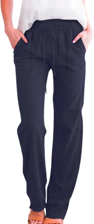 Linen Pants Women 2025 Summer Drawstring Pants Casual Loose Wide Leg Lounge Pants Trousers for Beach Travel Vacation