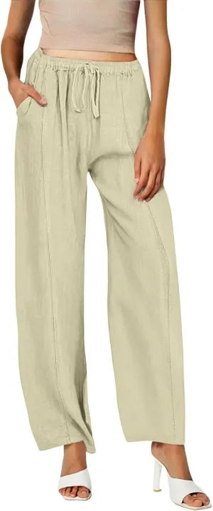 Linen Pants Women Color Trouser Pant Cotton Blend Drawstring Elastic Waist Pocket 2025 Beach Travel Vacation Outfits