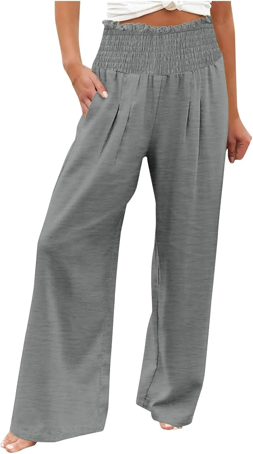 Linen Pants Women Drawstring Waist Wide Leg Linen Pants High Waist Summer Casual Pants Pockets Vacation Beach Trousers