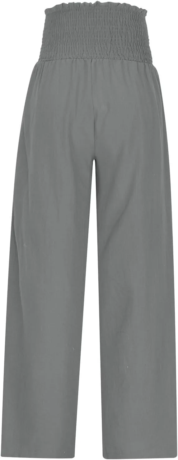 Linen Pants Women Drawstring Waist Wide Leg Linen Pants High Waist Summer Casual Pants Pockets Vacation Beach Trousers