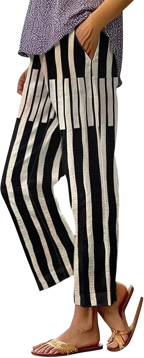 Linen Pants Women Floral Striped Print Elastic Waist Capri Petite Short Capri Summer Casual Dressy Beach Trousers