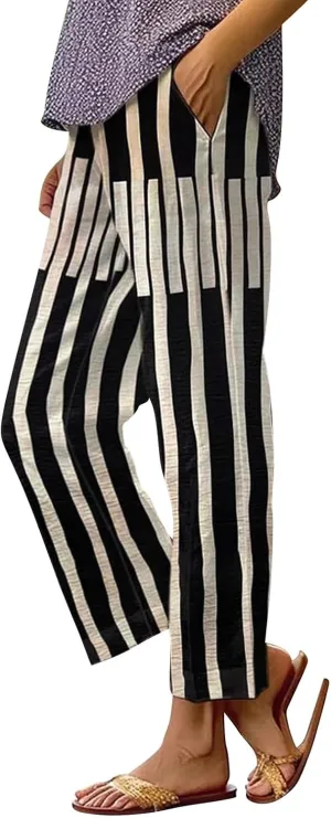 Linen Pants Women Floral Striped Print Elastic Waist Capri Petite Short Capri Summer Casual Dressy Beach Trousers
