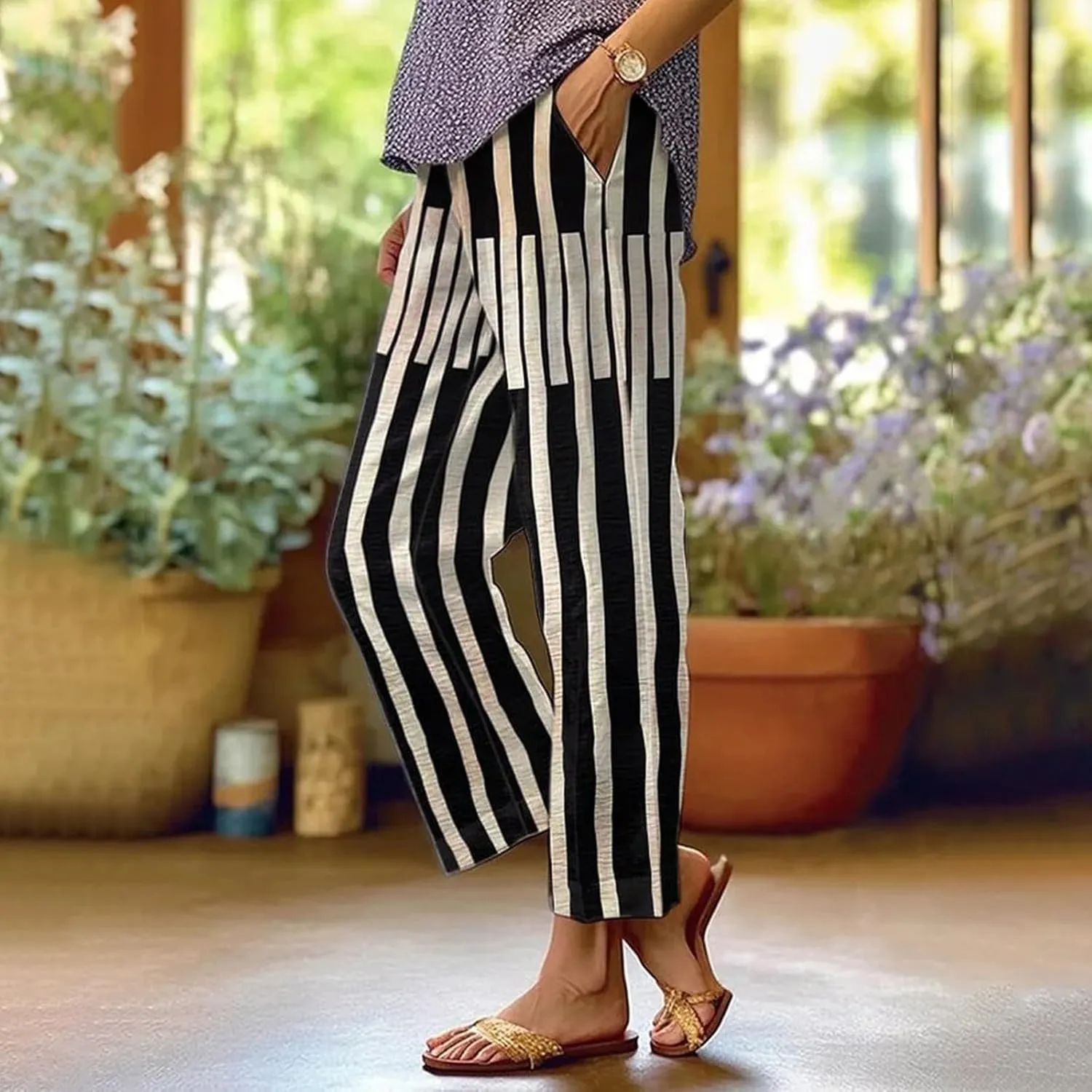 Linen Pants Women Floral Striped Print Elastic Waist Capri Petite Short Capri Summer Casual Dressy Beach Trousers