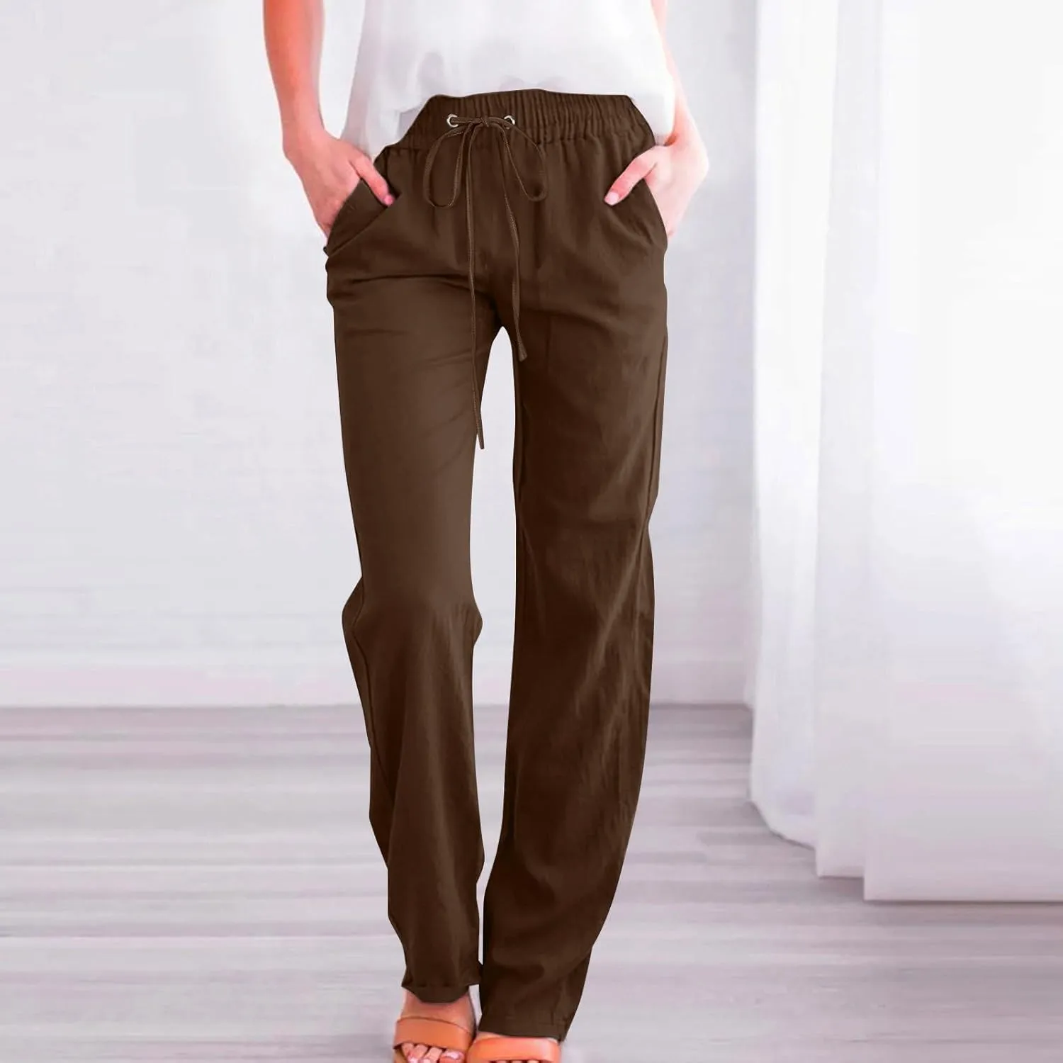Linen Pants Women High Waist Casual Linen Pants Drawstring Straight Leg Lounge Trousers Pockets Vacation Beach Pants