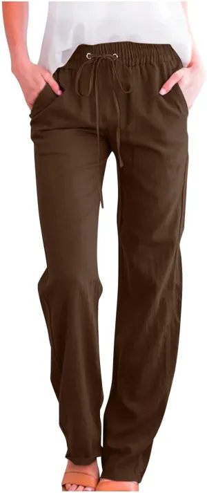 Linen Pants Women High Waist Casual Linen Pants Drawstring Straight Leg Lounge Trousers Pockets Vacation Beach Pants