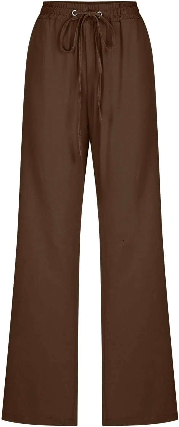 Linen Pants Women High Waist Casual Linen Pants Drawstring Straight Leg Lounge Trousers Pockets Vacation Beach Pants