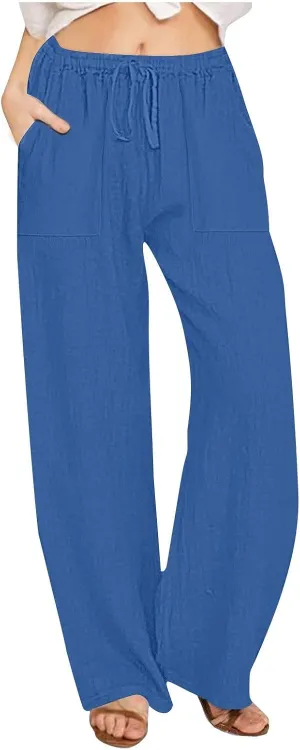 Linen Pants Women High Waisted Wide Leg Pants Drawstring Loose Fit Summer Trousers Beach Resort Wear 2025
