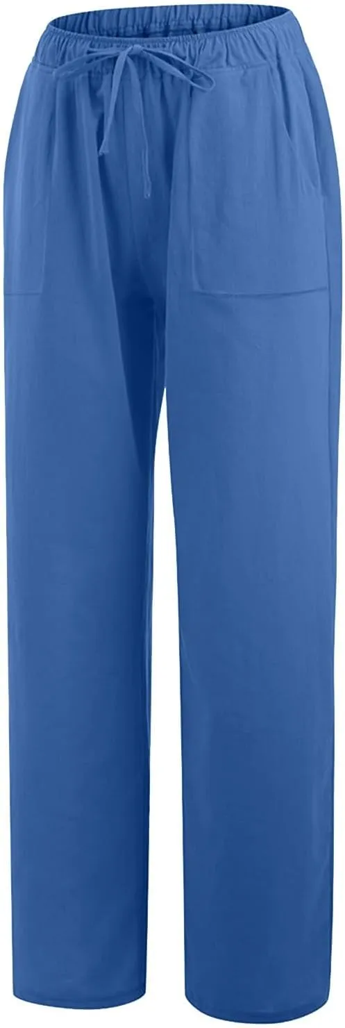 Linen Pants Women High Waisted Wide Leg Pants Drawstring Loose Fit Summer Trousers Beach Resort Wear 2025