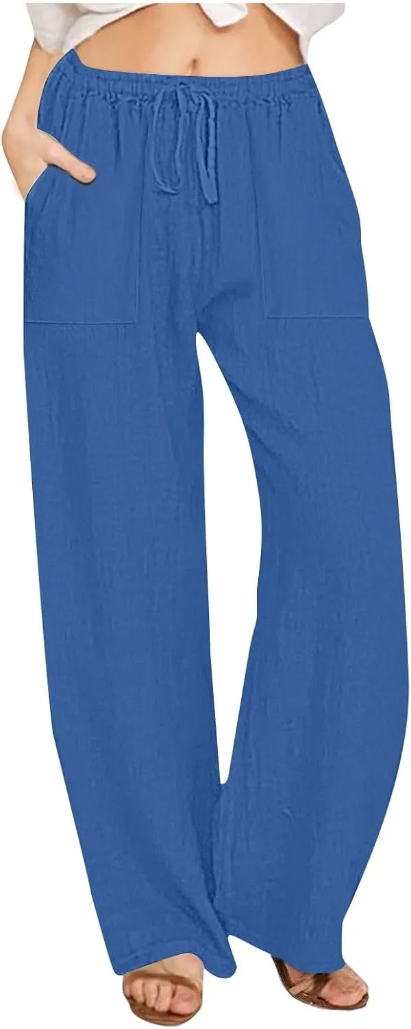 Linen Pants Women High Waisted Wide Leg Pants Drawstring Loose Fit Summer Trousers Beach Resort Wear 2025