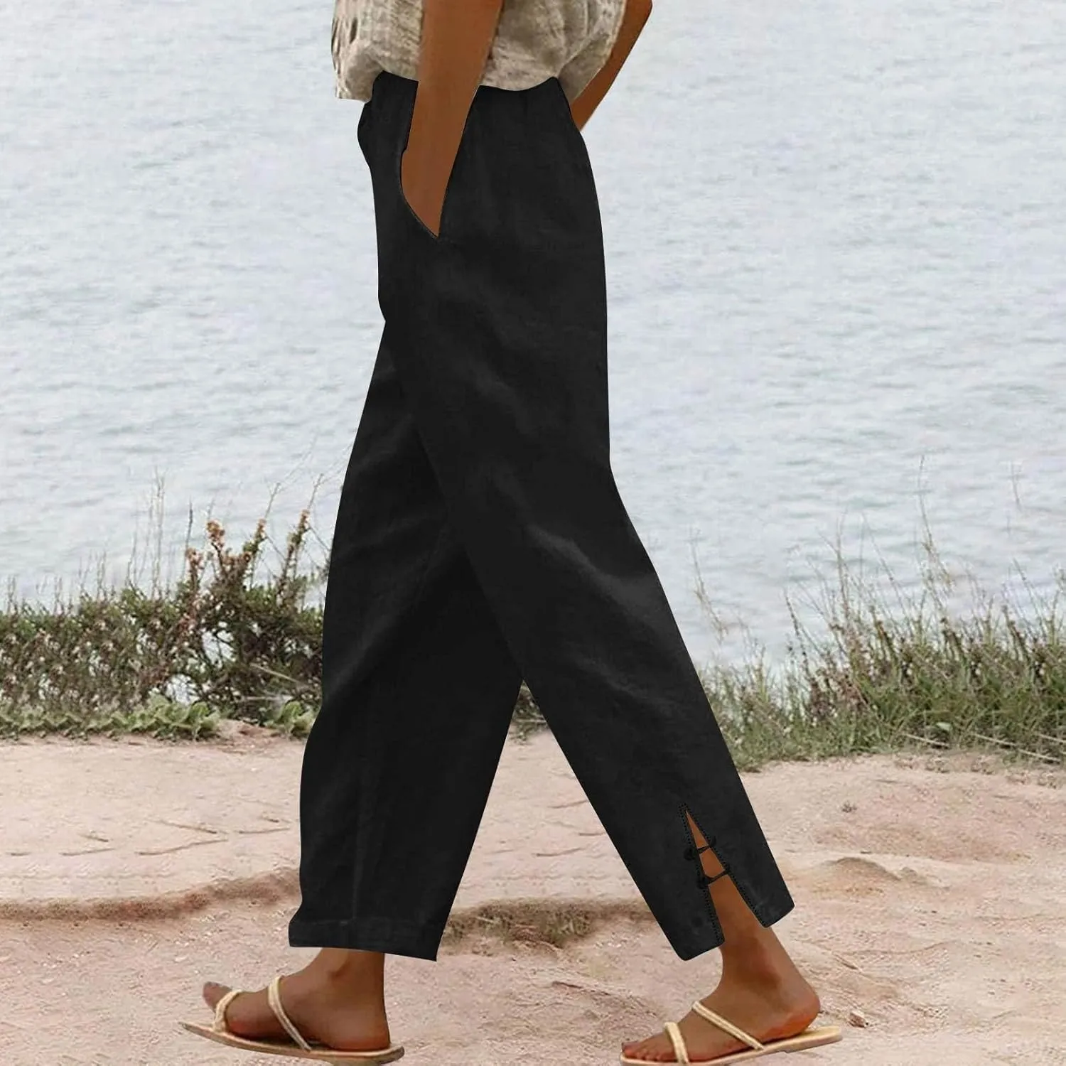 Linen Pants Women Lightweight Cotton Linend Summer Pants Casual Beach Elastic Waist Straight Trousers