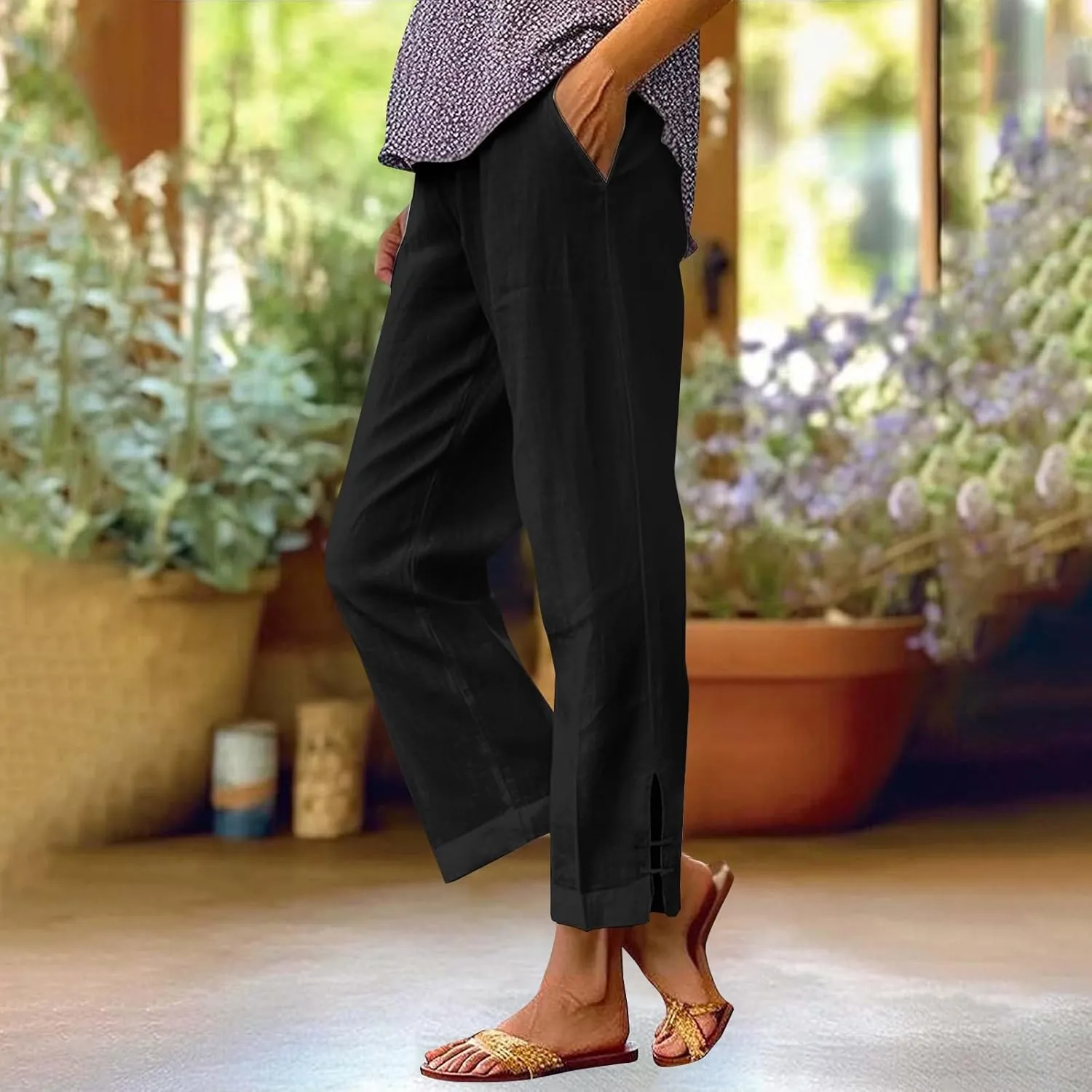 Linen Pants Women Lightweight Cotton Linend Summer Pants Casual Beach Elastic Waist Straight Trousers