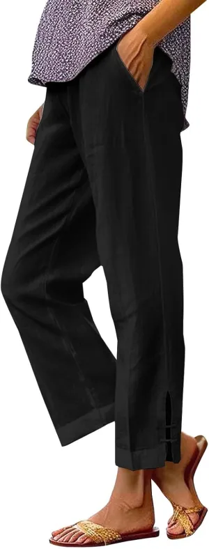 Linen Pants Women Lightweight Cotton Linend Summer Pants Casual Beach Elastic Waist Straight Trousers