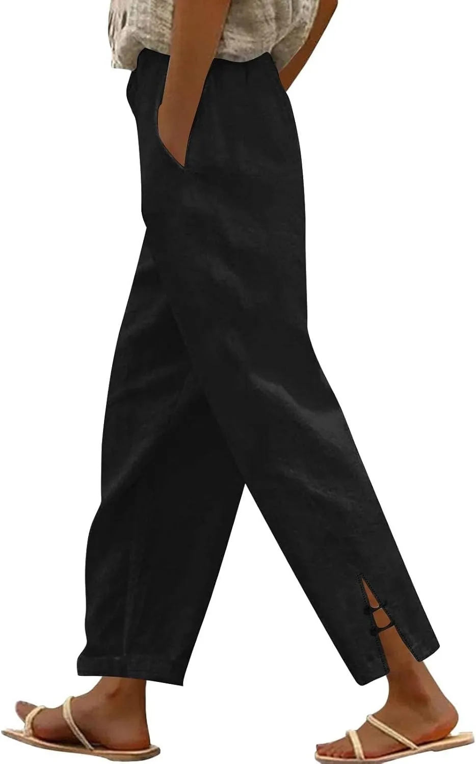 Linen Pants Women Lightweight Cotton Linend Summer Pants Casual Beach Elastic Waist Straight Trousers