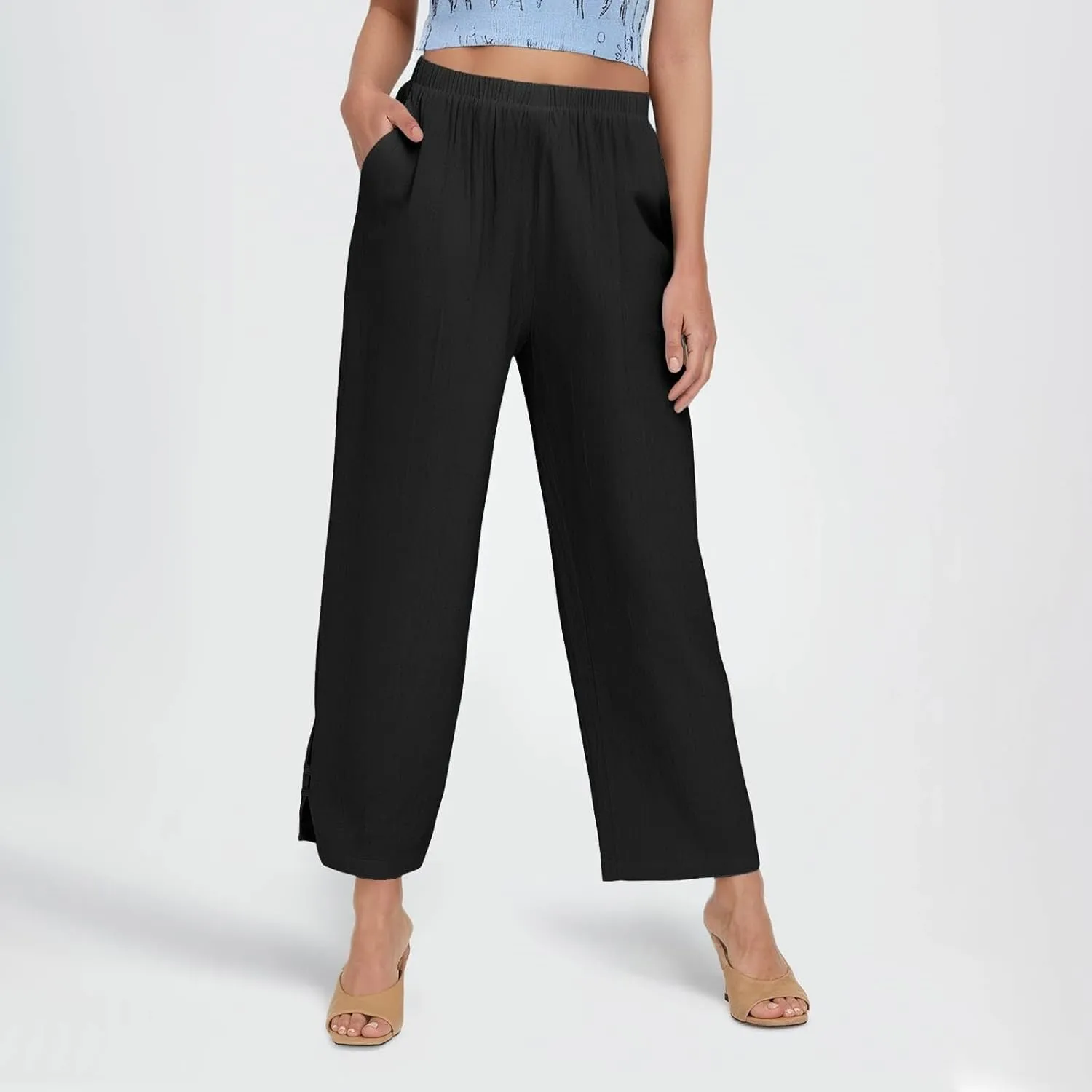 Linen Pants Women Lightweight Cotton Linend Summer Pants Casual Beach Elastic Waist Straight Trousers