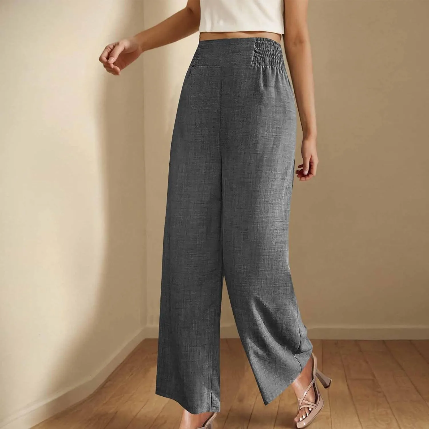 Linen Pants Women Loose Fit Summer High Waist Lounge Pants Plus Size Comfy Flowy Palazzo Trousers with Pockets 2025