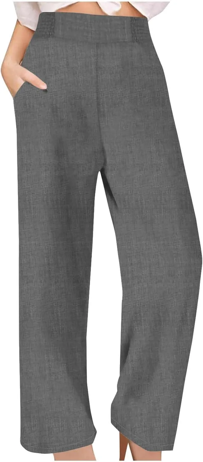 Linen Pants Women Loose Fit Summer High Waist Lounge Pants Plus Size Comfy Flowy Palazzo Trousers with Pockets 2025