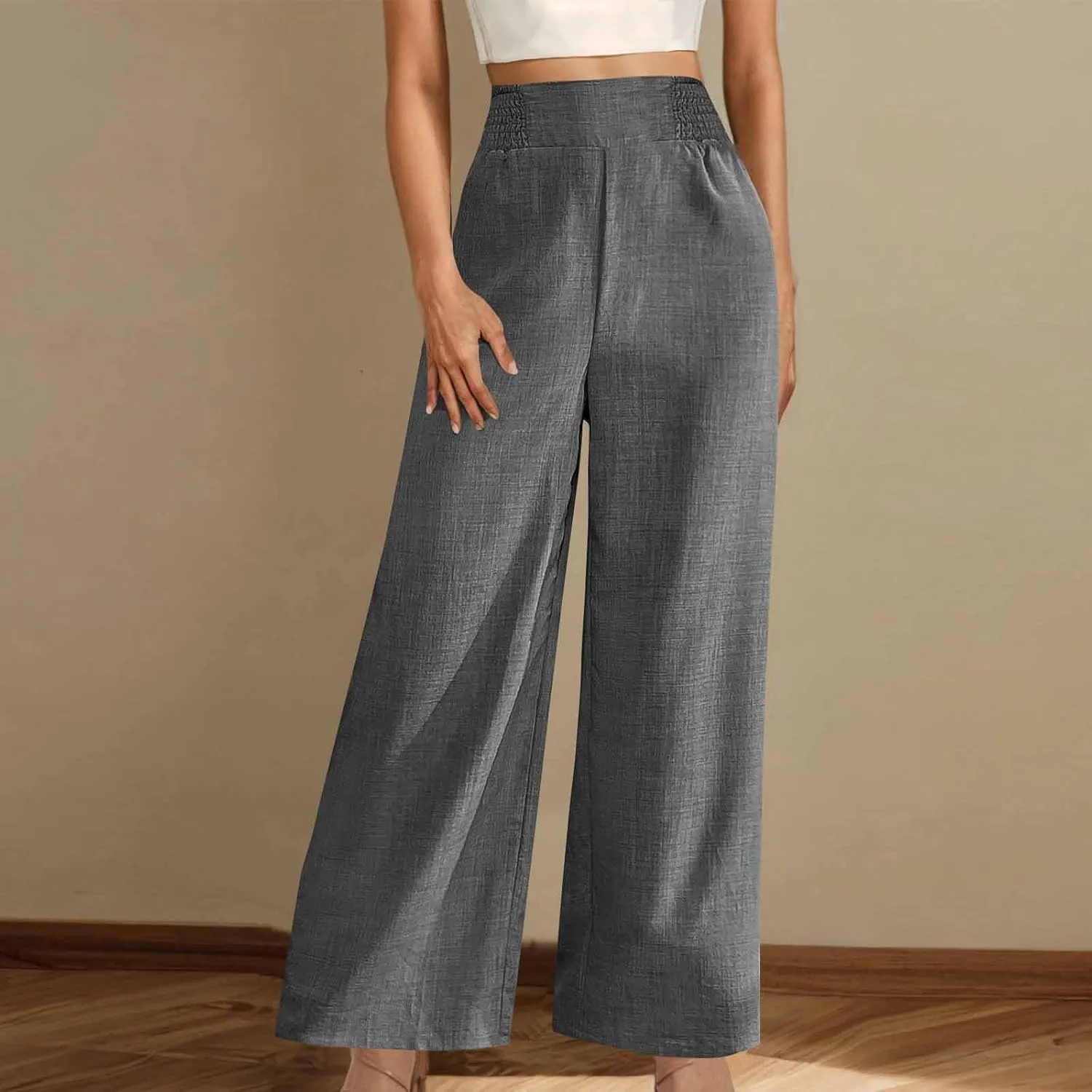 Linen Pants Women Loose Fit Summer High Waist Lounge Pants Plus Size Comfy Flowy Palazzo Trousers with Pockets 2025